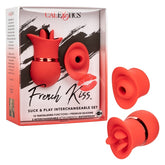 French Kiss Suck and Play Interchangeable Set Red Silicone Mini Massager with 12 Vibration and Suction Functions Suction Stimulator